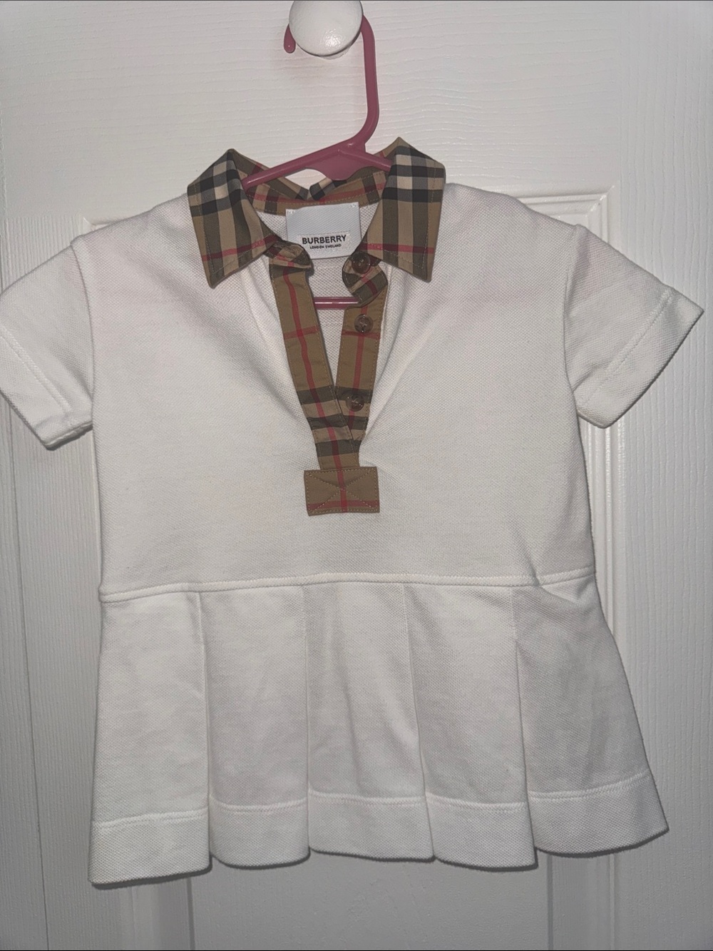 Burberry Girls' White Polo Dress with Iconic Check Trim
